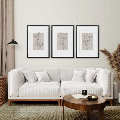 Pastel Botanical Wall Art Set of 3 Pieces. Gray and Beige