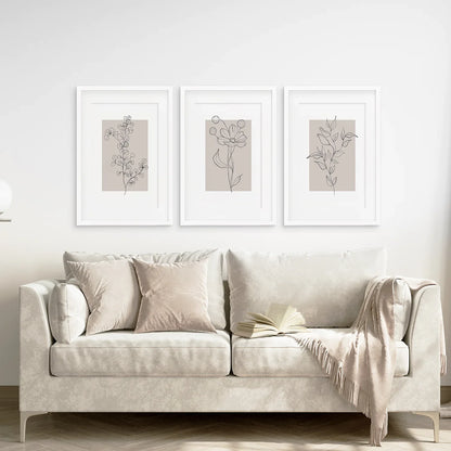 Pastel Botanical Wall Art Set of 3 Pieces. Gray and Beige
