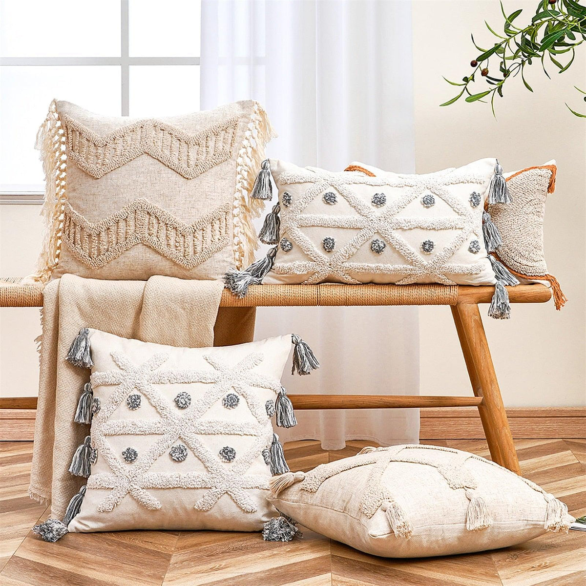 Cushion Cover Cotton Linen Pillowcase Tufted Beige Decorative Fashionable Cotton Hand-Woven Throw Pillow Covers Tufted  Pillow Covers  Bedroom Throw Pillow Cushion For Bed Home